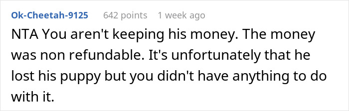 Comment on vacation reimbursement about a non-refundable payment and a brother's dog issue. Comment on vacation reimbursement about a non-refundable payment and a brother's dog issue.