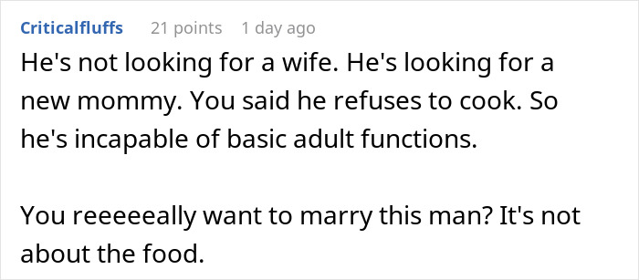 Text comment about a man refusing Hispanic cooking, questioning marriage readiness. Text comment about a man refusing Hispanic cooking, questioning marriage readiness.