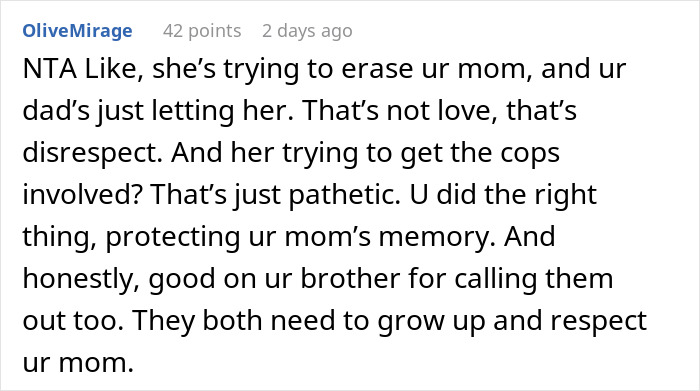 Comment supporting a woman accused of stealing by defending her late mom's memory. Comment supporting a woman accused of stealing by defending her late mom's memory.