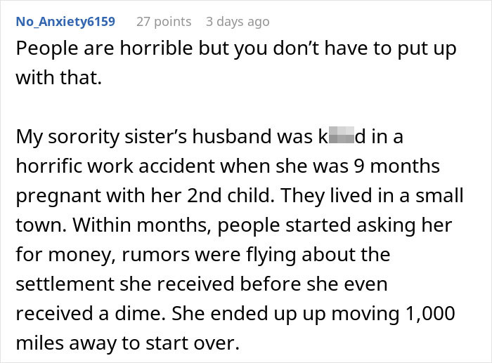 Reddit comment about dealing with judgmental people and hardship after a tragic accident, related to rich husband. Reddit comment about dealing with judgmental people and hardship after a tragic accident, related to rich husband.