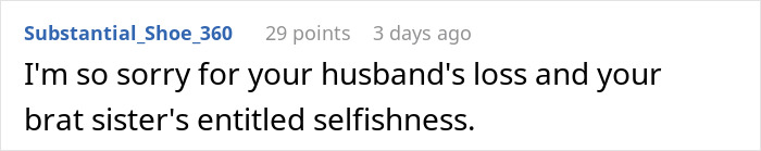 Reddit comment on family conflict about a sister's entitled behavior towards a wealthy husband. Reddit comment on family conflict about a sister's entitled behavior towards a wealthy husband.