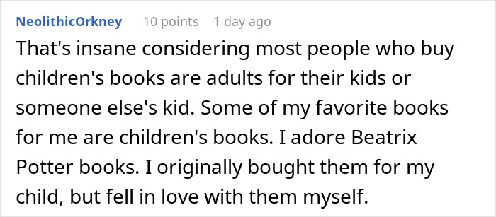 Comment discussing adults buying children's books, mentioning Beatrix Potter favorites. Comment discussing adults buying children's books, mentioning Beatrix Potter favorites.