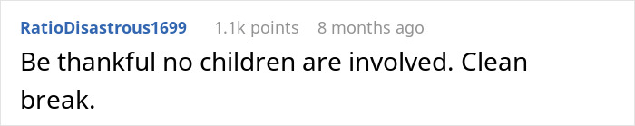 Online comment discussing divorce, highlighting relief due to no children involved, suggesting a clean break. Online comment discussing divorce, highlighting relief due to no children involved, suggesting a clean break.
