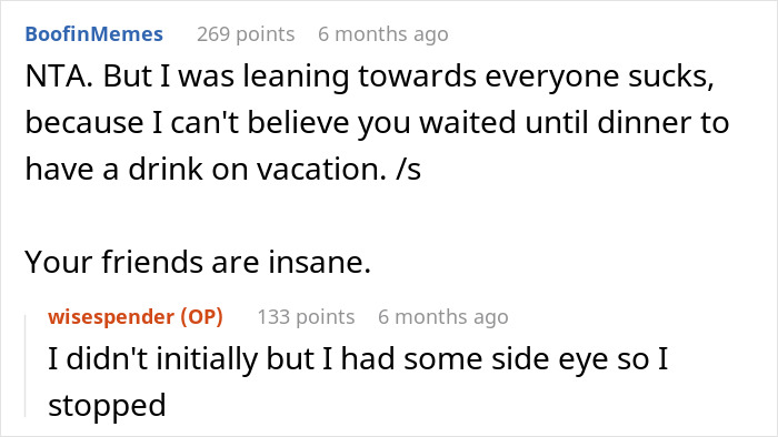 Screenshot of a conversation about friends being upset with a child-free woman on vacation. Screenshot of a conversation about friends being upset with a child-free woman on vacation.