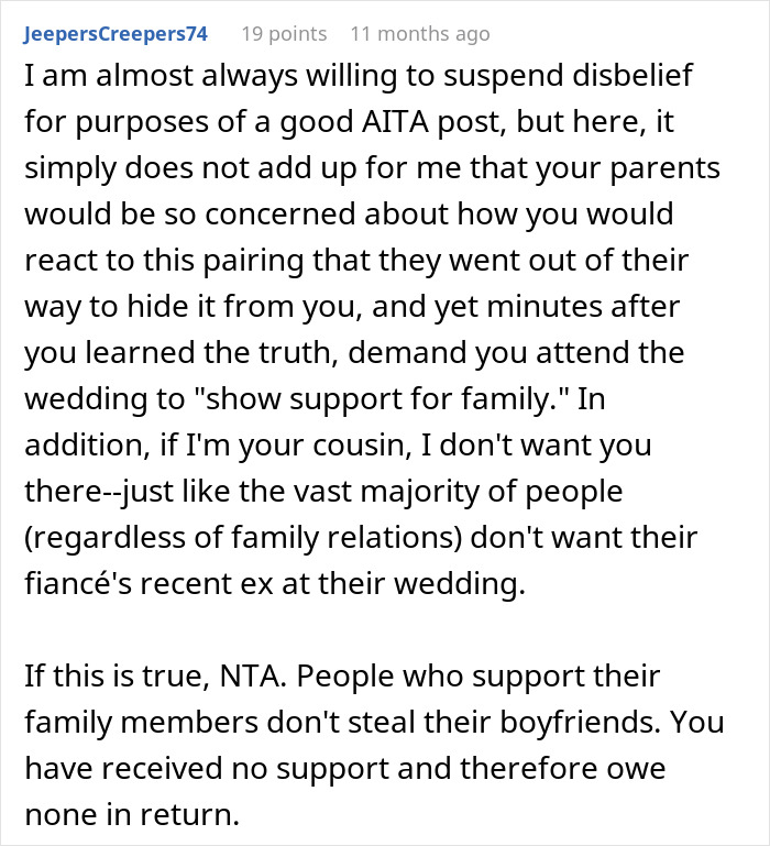Text post discussing a guy marrying his ex-girlfriend's cousin, touching on family reactions and support issues. Text post discussing a guy marrying his ex-girlfriend's cousin, touching on family reactions and support issues.