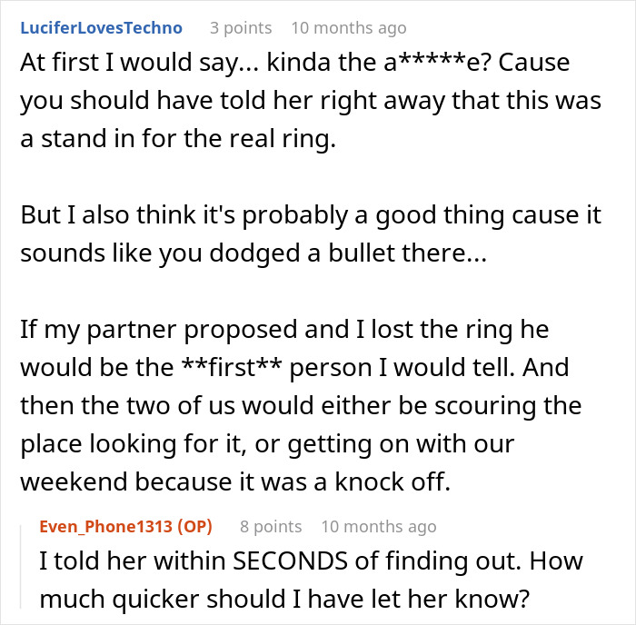 Reddit comments discussing swapping a real ring for a fake one impacting an engagement. Reddit comments discussing swapping a real ring for a fake one impacting an engagement.