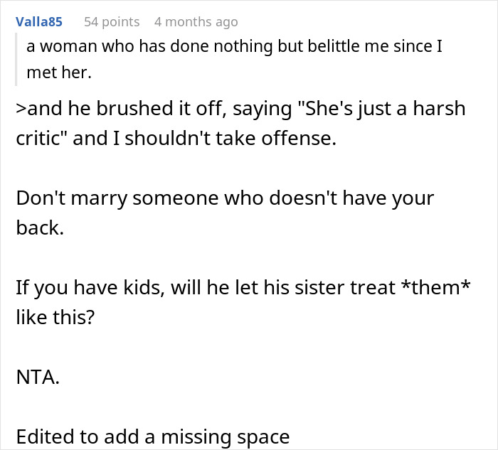 Text from a user discussing a wedding decision after a fiancé sides with his sister who bullies the woman. Text from a user discussing a wedding decision after a fiancé sides with his sister who bullies the woman.