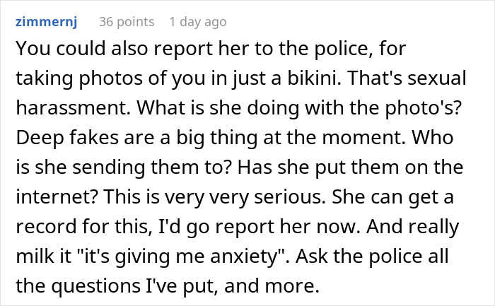 Comment addressing issues of privacy and security regarding photos at public pool, mentioning bikini and potential actions. Comment addressing issues of privacy and security regarding photos at public pool, mentioning bikini and potential actions.