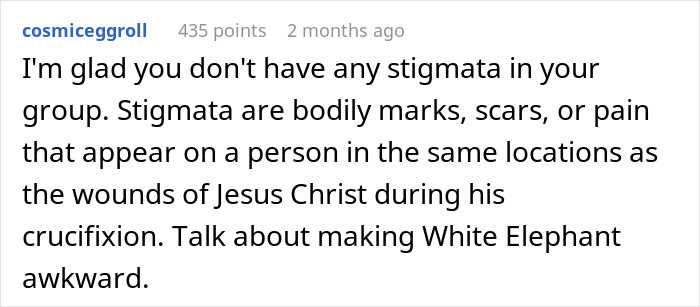 Text exchange discussing stigmata, with a humorous comment about awkwardness in a gift exchange. Text exchange discussing stigmata, with a humorous comment about awkwardness in a gift exchange.