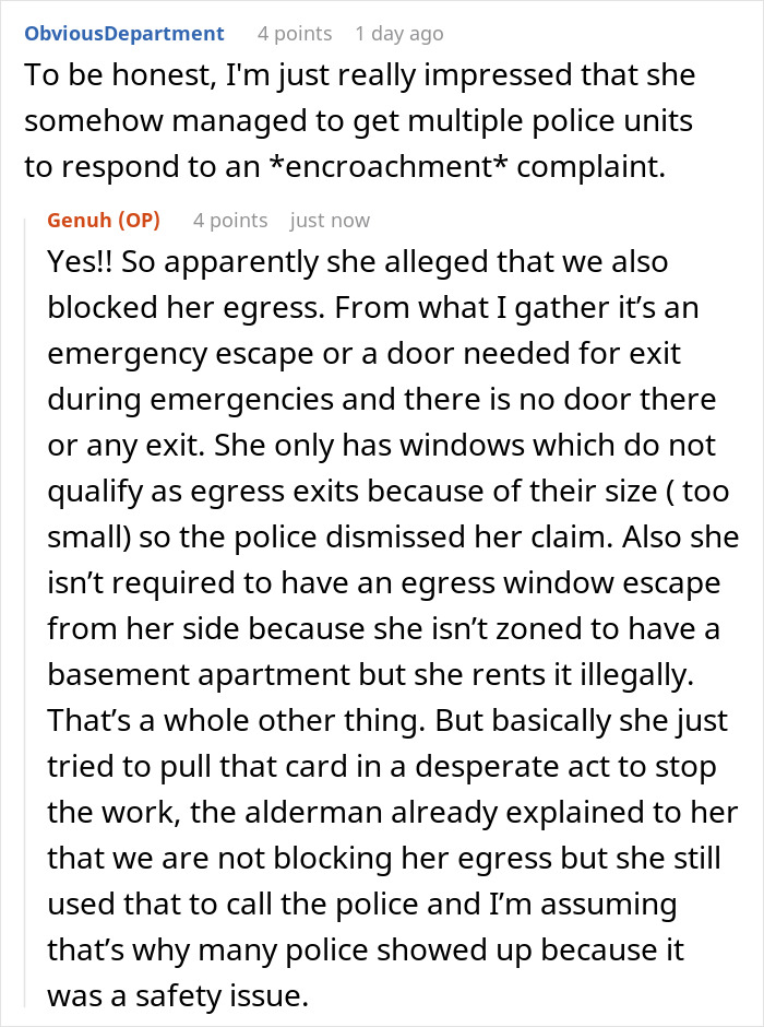 Comment thread discussing an OCD woman's police call over a neighbor’s fence plan and egress issues. Comment thread discussing an OCD woman's police call over a neighbor’s fence plan and egress issues.