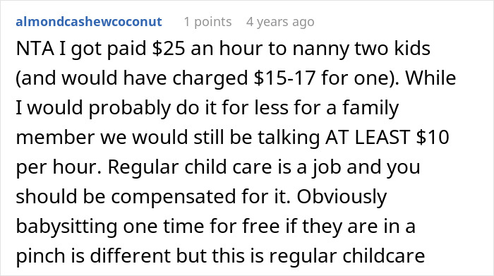 Screenshot of a Reddit comment discussing babysitting pay, highlighting childcare as a compensated job. Screenshot of a Reddit comment discussing babysitting pay, highlighting childcare as a compensated job.
