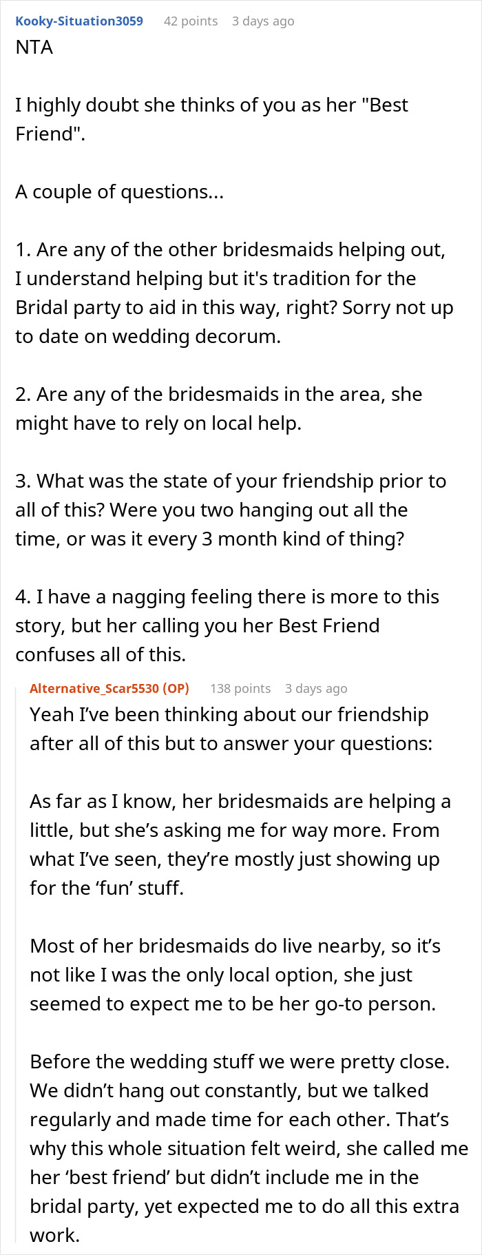 Wedding refusal chat discussing being left out of bridal party despite friendship. Wedding refusal chat discussing being left out of bridal party despite friendship.