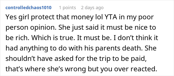 Reddit comment discussing reaction to sister's remark about husband's wealth. Reddit comment discussing reaction to sister's remark about husband's wealth.