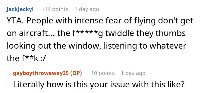 Reddit comments about a plane seat incident involving a pregnant woman, mentioning fear of flying. Reddit comments about a plane seat incident involving a pregnant woman, mentioning fear of flying.