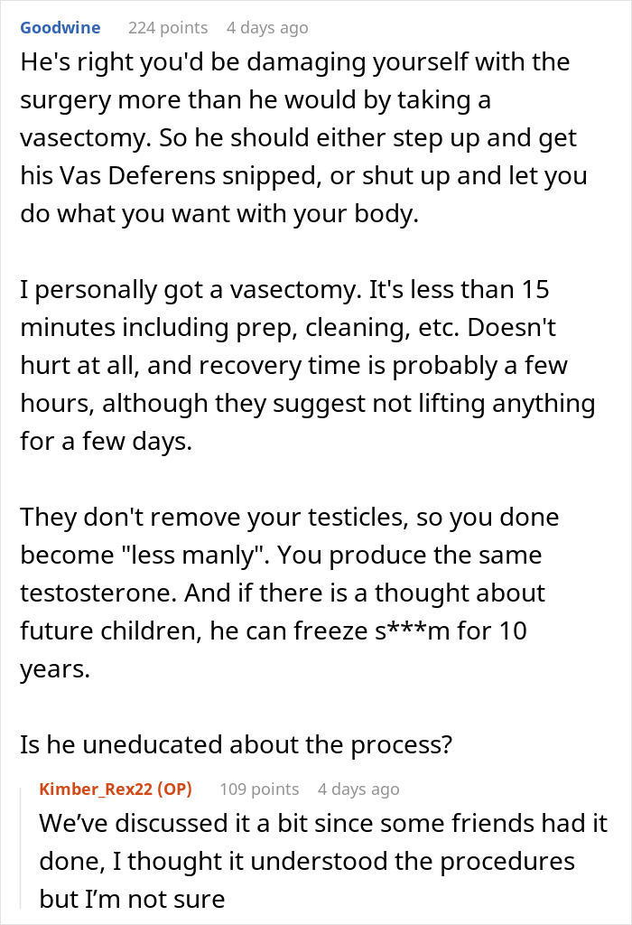 Discussion about partner's wishes regarding sterilization and vasectomy. Discussion about partner's wishes regarding sterilization and vasectomy.