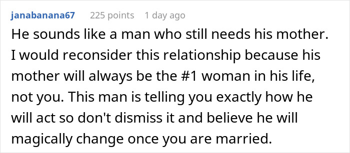 Comment advising a woman to rethink marriage due to her partner's refusal to eat Hispanic cooking. Comment advising a woman to rethink marriage due to her partner's refusal to eat Hispanic cooking.