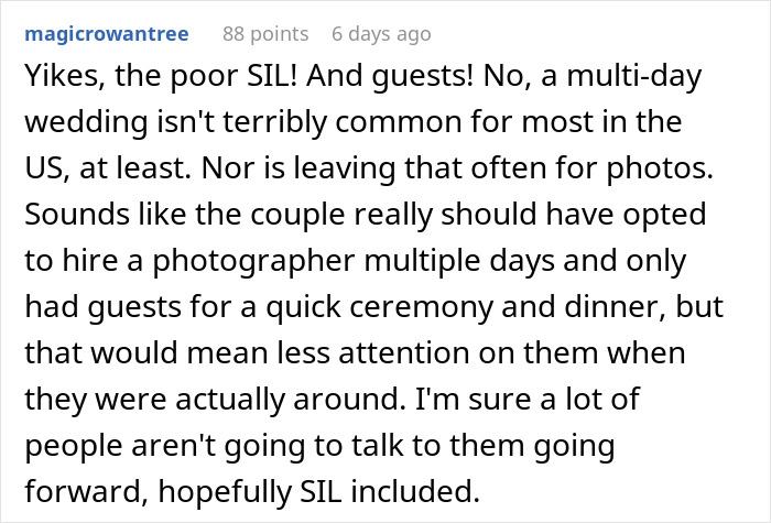 Reddit comment discussing a couple's multi-day wedding and photo sessions. Reddit comment discussing a couple's multi-day wedding and photo sessions.