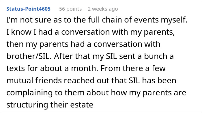 Reddit post discussing SIL's complaint about estate planning involving a gay man without kids. Reddit post discussing SIL's complaint about estate planning involving a gay man without kids.