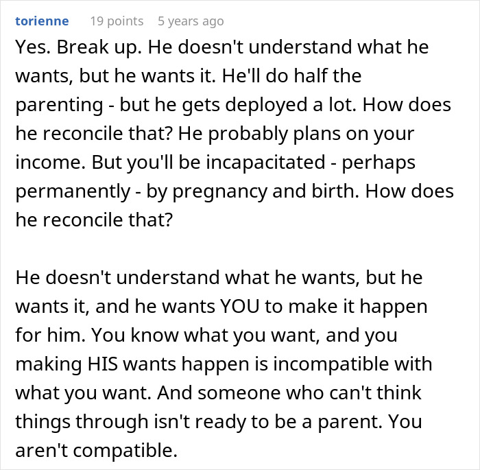 Comment discussing fear of motherhood and relationship compatibility issues. Comment discussing fear of motherhood and relationship compatibility issues.