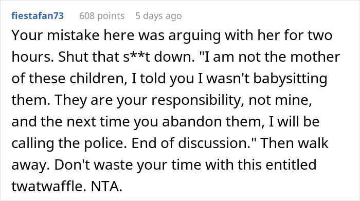 Comment discussing babysitting refusal and responsibility shift between sisters. Comment discussing babysitting refusal and responsibility shift between sisters.