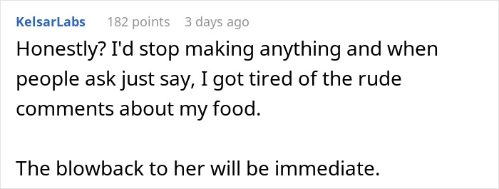 Text response suggesting stopping cooking due to coworker's insults about food. Text response suggesting stopping cooking due to coworker's insults about food.