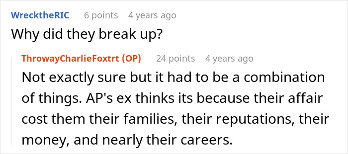 Reddit discussion about why affair partners' relationships ended, mentioning family, reputation, and career impacts. Reddit discussion about why affair partners' relationships ended, mentioning family, reputation, and career impacts.