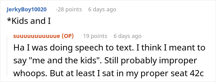 Text exchange humor about airline seat drama involving passenger and seating mix-up. Text exchange humor about airline seat drama involving passenger and seating mix-up.