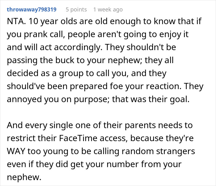 Text of a comment discussing a nephew's prank calls and parental responsibility. Text of a comment discussing a nephew's prank calls and parental responsibility.
