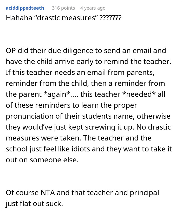 Text exchange discussing teacher's refusal to pronounce a student's name correctly despite reminders. Text exchange discussing teacher's refusal to pronounce a student's name correctly despite reminders.