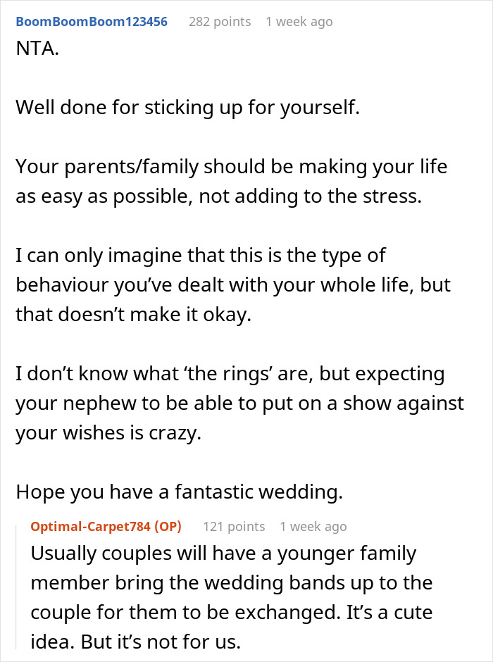 Reddit comments discussing a groom's decision on a dry wedding and family disagreements. Reddit comments discussing a groom's decision on a dry wedding and family disagreements.