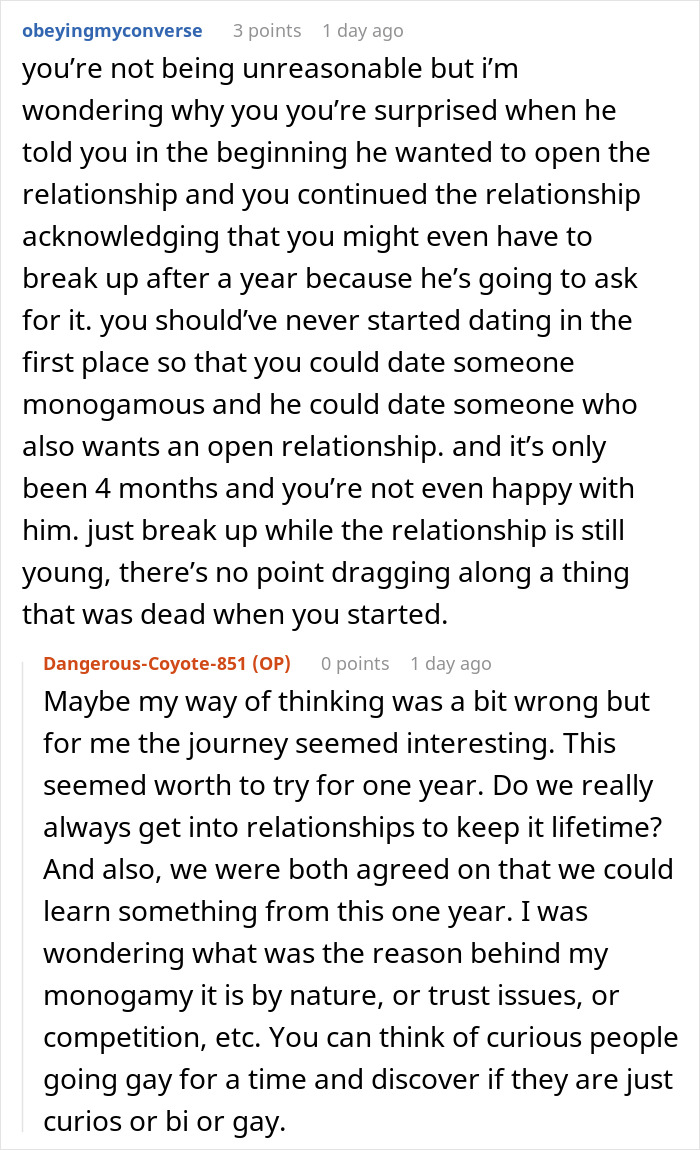 Reddit conversation about opening a relationship at four months, partner's response leads to breakup. Reddit conversation about opening a relationship at four months, partner's response leads to breakup.