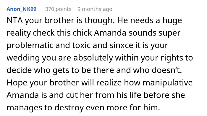 Comment on brother choosing +1 for wedding, criticizing his female BFF, not long-term GF. Comment on brother choosing +1 for wedding, criticizing his female BFF, not long-term GF.