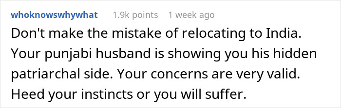 Comment discussing concerns about relocating to India and relationship dynamics. Comment discussing concerns about relocating to India and relationship dynamics.