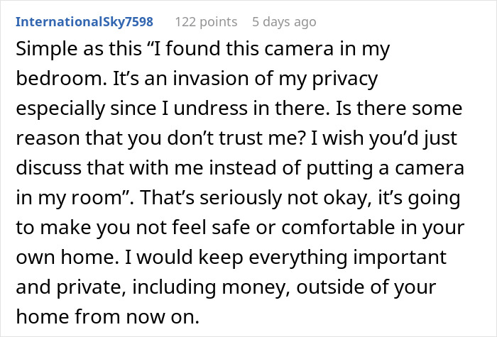 Text comment discussing privacy invasion from finding a hidden camera in the bedroom. Text comment discussing privacy invasion from finding a hidden camera in the bedroom.