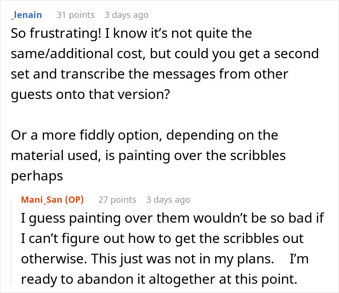 Online discussion about fixing kid-scribbled guest book at a wedding, with suggestions like transcription and painting over. Online discussion about fixing kid-scribbled guest book at a wedding, with suggestions like transcription and painting over.