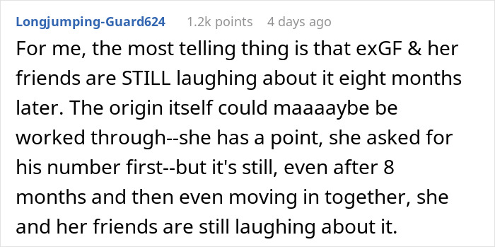 Reddit comment discussing a love story that began as a mean-girl bet, highlighting ongoing laughter from the ex-girlfriend's friends. Reddit comment discussing a love story that began as a mean-girl bet, highlighting ongoing laughter from the ex-girlfriend's friends.