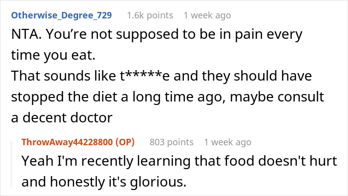 Reddit conversation about parents and an allergy, discussing diet changes and discomfort with eating. Reddit conversation about parents and an allergy, discussing diet changes and discomfort with eating.