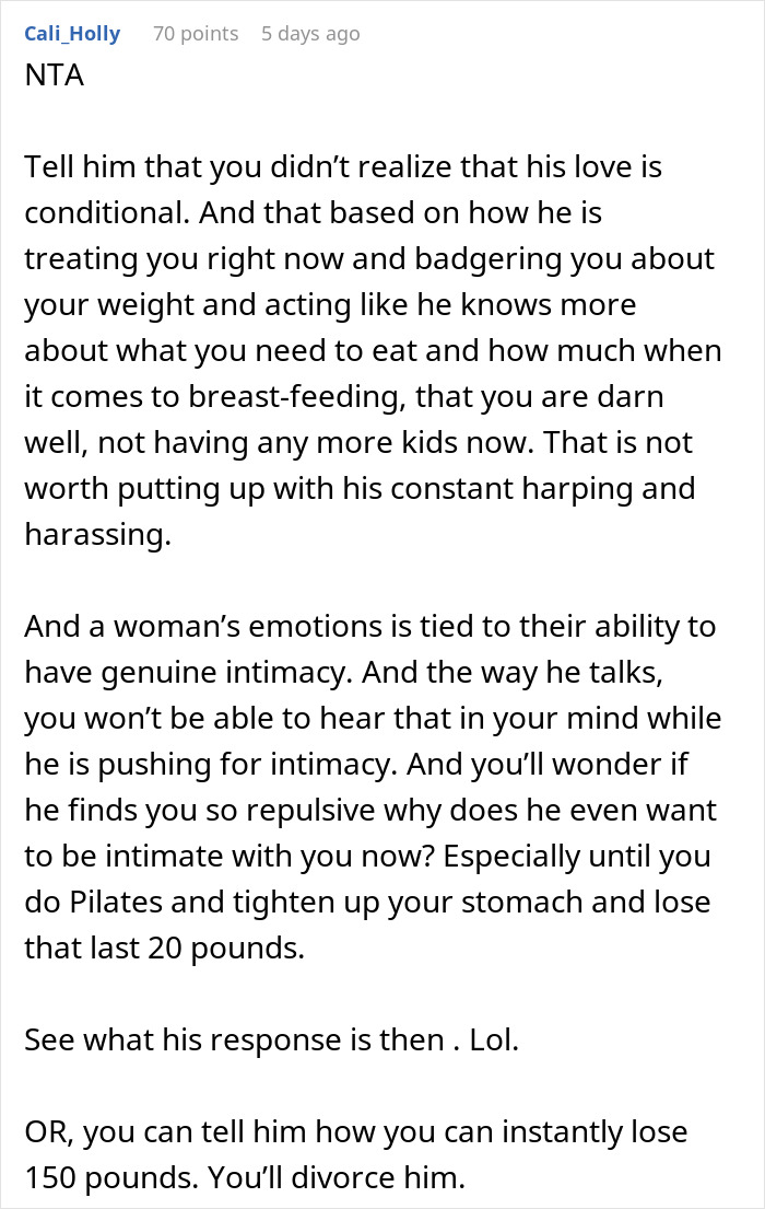 Text response addressing husband demanding wife to go to gym postpartum. Text response addressing husband demanding wife to go to gym postpartum.