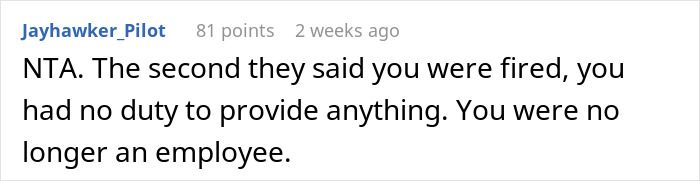 Text post discussing employee duty after termination. Text post discussing employee duty after termination.