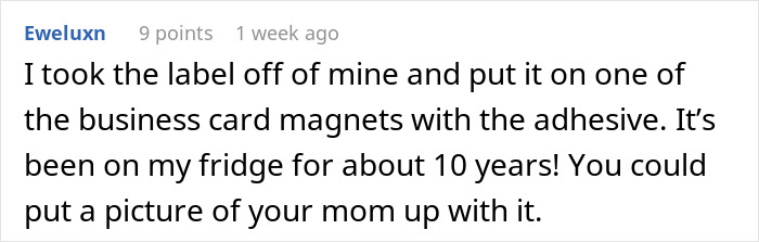 Text from a user named Eweluxn about a 10-year-old fridge magnet tribute to a friend's mom. Text from a user named Eweluxn about a 10-year-old fridge magnet tribute to a friend's mom.