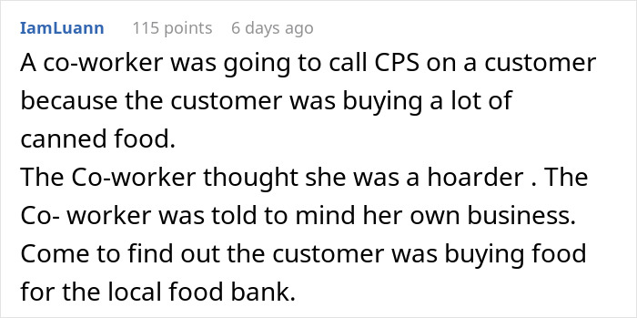 Text post about a misunderstanding involving calling Child Services over canned food purchases. Text post about a misunderstanding involving calling Child Services over canned food purchases.