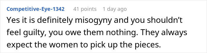 Comment about a woman expected to care for stepsiblings, discussing perceived misogyny and societal expectations. Comment about a woman expected to care for stepsiblings, discussing perceived misogyny and societal expectations.