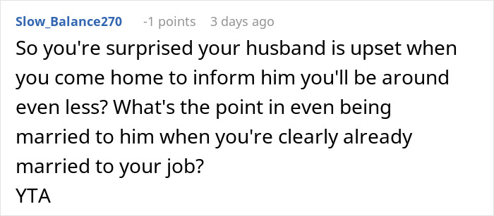 Reddit comment discussing conflict over job promotion and its impact on a marriage. Reddit comment discussing conflict over job promotion and its impact on a marriage.
