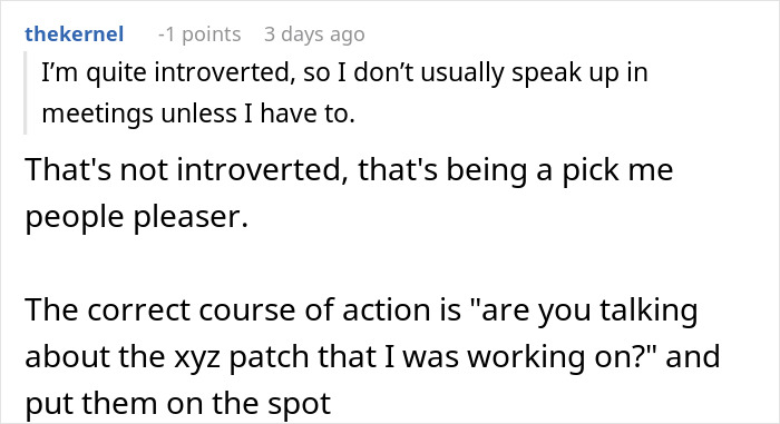 Text exchange on introversion vs. speaking up at work for coworker stealing credit. Text exchange on introversion vs. speaking up at work for coworker stealing credit.