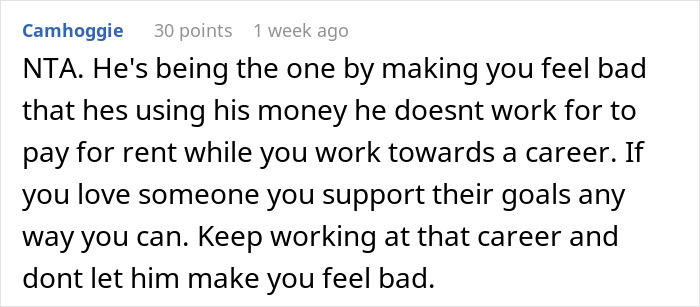 Reddit comment criticizing wealthy guy for making girlfriend feel bad about financial help. Reddit comment criticizing wealthy guy for making girlfriend feel bad about financial help.