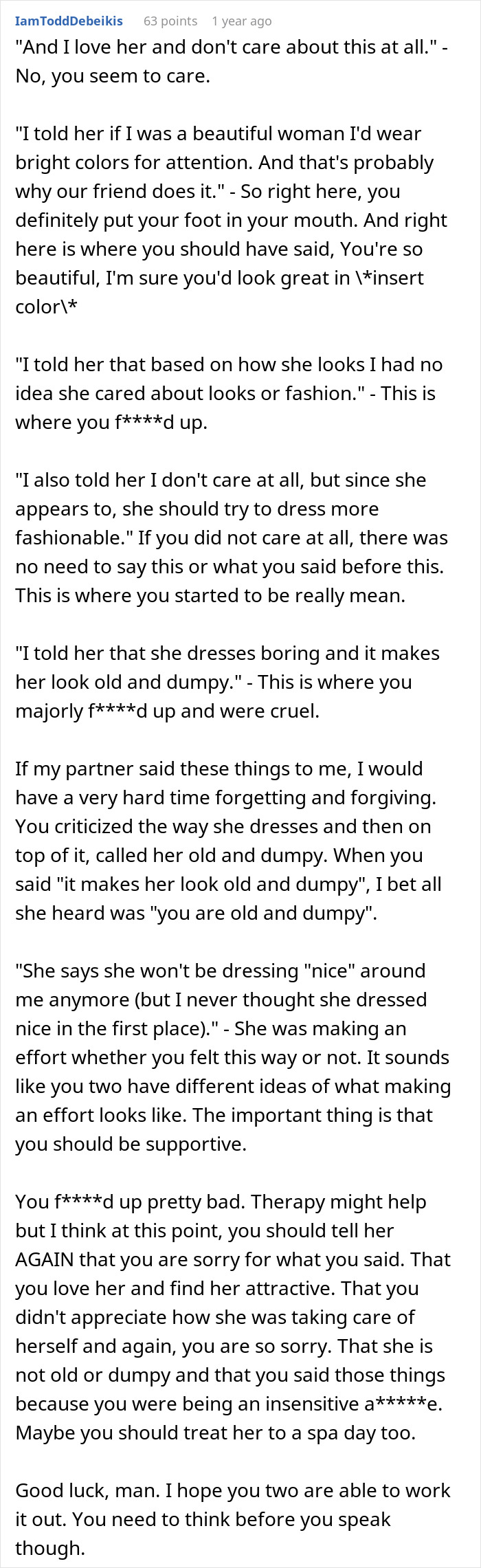 Comment discussing criticism of girlfriend’s appearance, calling her boring, old, and dumpy. Comment discussing criticism of girlfriend’s appearance, calling her boring, old, and dumpy.