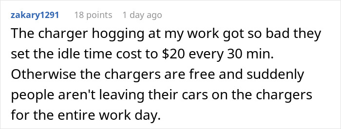 Reddit comment about Tesla drivers and charging station idle time fees, addressing charger hogging issues. Reddit comment about Tesla drivers and charging station idle time fees, addressing charger hogging issues.