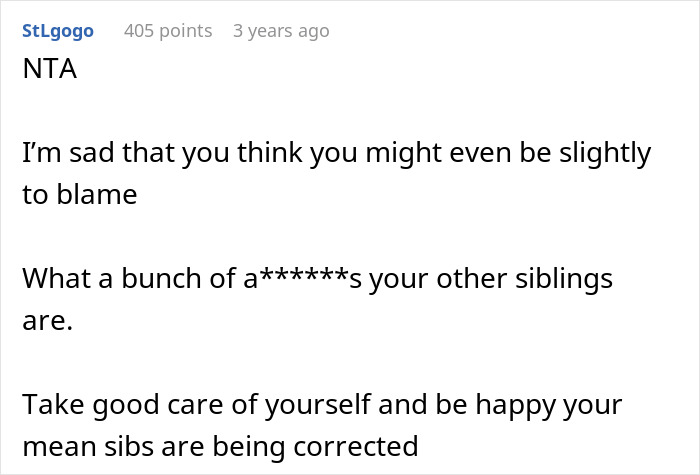 Comment supporting a sister's intervention against a 'joke' involving a teen's hearing aids and glasses. Comment supporting a sister's intervention against a 'joke' involving a teen's hearing aids and glasses.