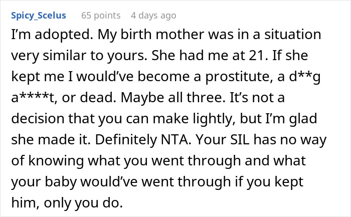 Comment discussing personal adoption experiences and its impact, addressing a sister-in-law's question. Comment discussing personal adoption experiences and its impact, addressing a sister-in-law's question.