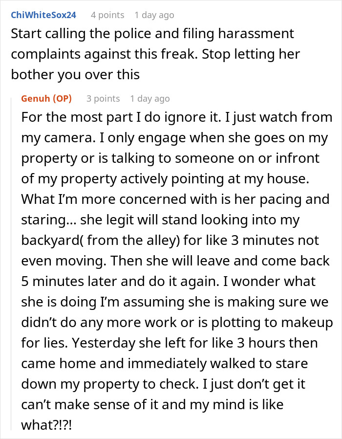 Comments discussing police involvement over a neighbor's behavior linked to OCD concerns and fence construction. Comments discussing police involvement over a neighbor's behavior linked to OCD concerns and fence construction.